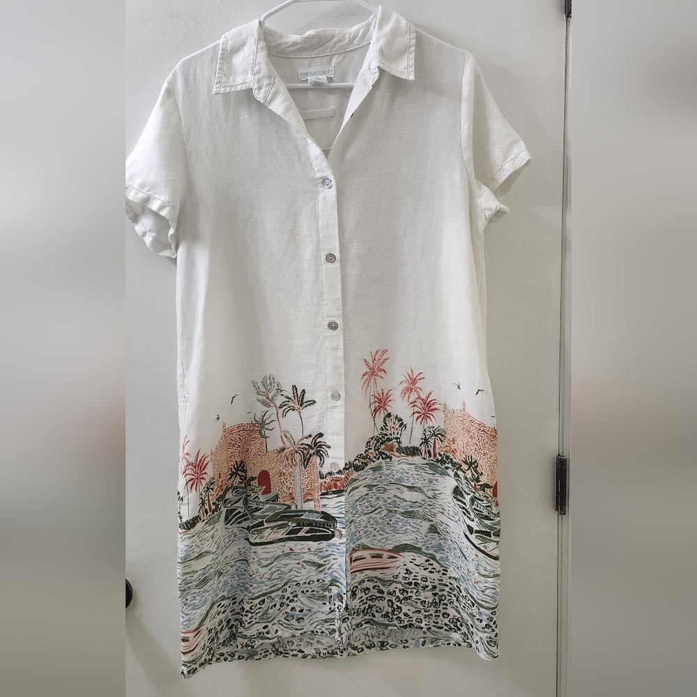 Cynthia Rowley White Button-Front Camp Shirt Dress with Coastal Print, Size M.